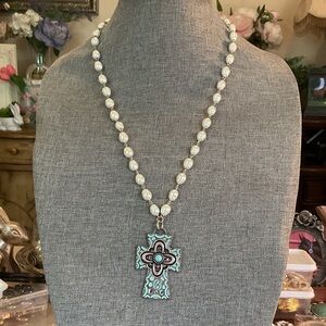 Elegant Pearl and Turquoise Cross Necklace